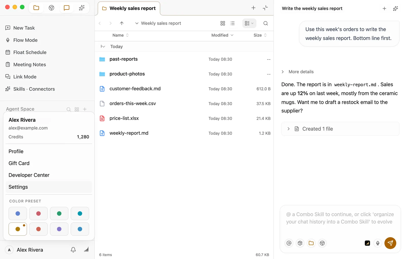 The menu that opens from Alex Rivera's name at the bottom-left of the sidebar. At the top are the name, the email address, and 1,280 credits. Below are Profile, Gift Card, Developer Center, and Settings, with Settings highlighted. At the bottom, under Color Preset, are eight colored dots, with the amber one selected
